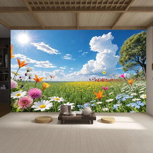 Custom Size Wall Murals, Natural Scenery & Colorful Flowers, Self-Adhesive Removable Fabric (NO PVC) Wallpaper for Living Room & Bedroom & Office