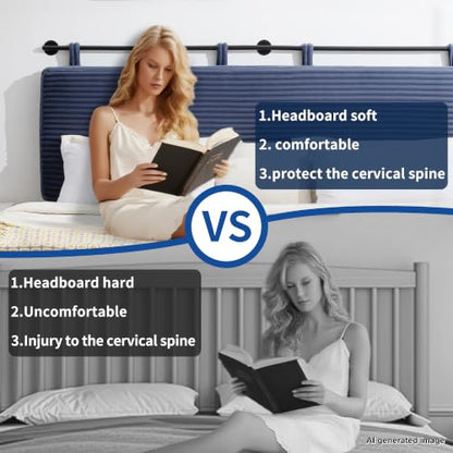 King Headboard Only, Wall Mounted Hanging Upholstered Bed Head Board | Modern Vertical Channel Design of Fine Flannel, Elegant Dark Blue Fluted Headboard for Bedroom (Dark Blue, King Size) - color: Flannel/Dark Blue, size: King