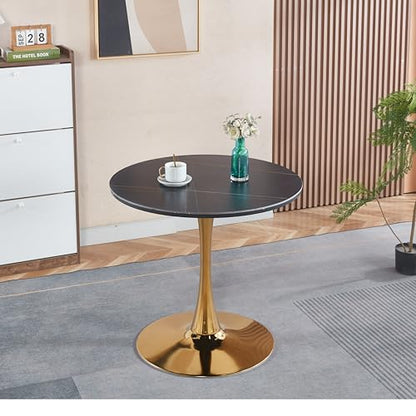 31.5" Black and Gold Round Tulip Dining Table for 2-4, Mid-Century Modern Small Space Kitchen Table with MDF Top and Gold Metal Pedestal Base for Apartment Breakfast Nook - color: Black and Gold