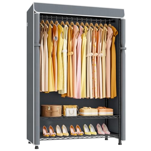 H5C Plus Clothes Rack with Cover, Covered Clothing Rack Heavy Duty | Garment Rack with Shelves, 3-Tier Portable Closets for Hanging Clothes, Max Load 370LBS, Black Closet Racks with Gray Cover - color: Black Rack with Gray Cover, size: H5C Plus
