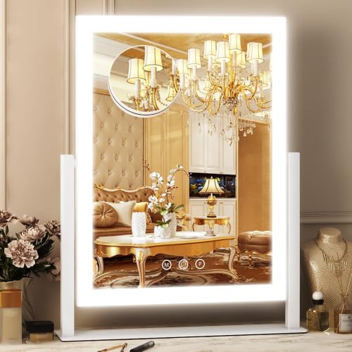 FENNIO Rectangular Makeup Vanity Mirror with Lights, 13x17 Inch, White | Straight-edge design, 3-color LED, touch dimming, detachable 10X mirror, 360° tilt, aluminum stand; ideal for dorms. - color: White, size: 12.5"L x 16.5"W