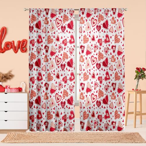 Valentine's Day Curtains for Living Room Boho Red Love Heart Curtains 84 Inch Length 2 Panels Set Window Treatment Rainbow Bedroom Curtains Cute Semi Sheer Curtain Retro Valentines Room Decor 2 Panels - color: Boho Red Heart Curtain, size: 52"W x 84"L (Pa