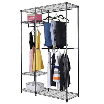 4 Shelves Garment Rack Heavy Duty Clothes Rack Portable Wire Shelving Clothing Racks with 3 Hanging Rod Freestanding Closet Metal Storage Rack Armoire Wardrobe Closet, Max Load 396.9LBS, Black