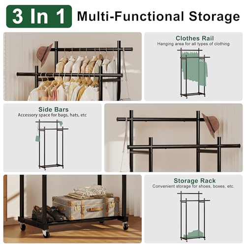 Lutown-Teen Metal Clothes Rack with Lockable Wheels, Double Rods, Black | Clothing Rack Heavy Duty with Storage Rods, 150 LB Capacity Garment Rack, Easy Assembly - color: Black, size: Double Rods