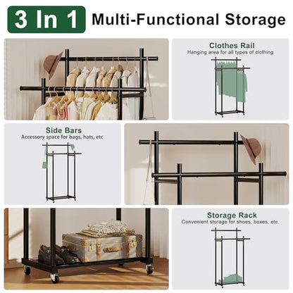 Lutown-Teen Metal Clothes Rack with Lockable Wheels, Double Rods, Black | Clothing Rack Heavy Duty with Storage Rods, 150 LB Capacity Garment Rack, Easy Assembly - color: Black, size: Double Rods
