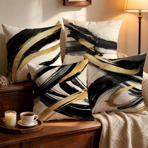 OBSEDE Abstract Black Gold Ink Brush Throw Pillow Covers 18 x 18 Set of 4 | Faux Linen, Hidden Zipper, Modern Brush Stroke Art, Living Room Accent, Fade Resistant Print, Sofa Couch Decor, Single Side - color: Gold Ink Abstract Brushstrokes, size: 18" x 18
