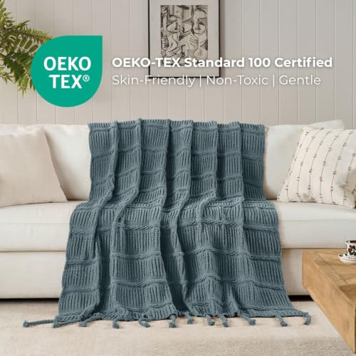 Boho Knitted Chenille Blanket with Tassels - Lightweight & Soft All-Season Throw - 3D Classic Pattern for Living Room Bedroom Couch, Celestial Blue, Twin 60"x80" - color: Celestial Blue, size: Twin