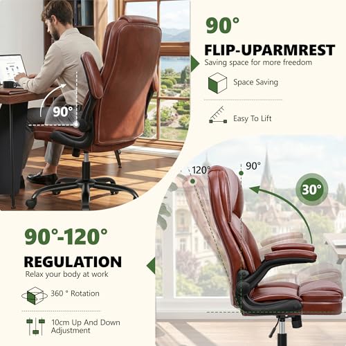 Leather Office Chair with Flip Up Arms, 360° Swivel Ergonomic Desk Chair with Wheels, Adjustable Height Computer Chair with Padded Seat for Home Office, Study,Gaming Room, Brown - color: Brown