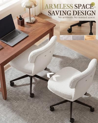 COMHOMA Vanity Chair with Ergonomic Curved Backrest, Home Office Desk Chair with Silent Wheel, Wide Seating Computer Chair for Girls Women Bedroom, Soft Teddy Fabric, White - color: White, Teddy Fleece
