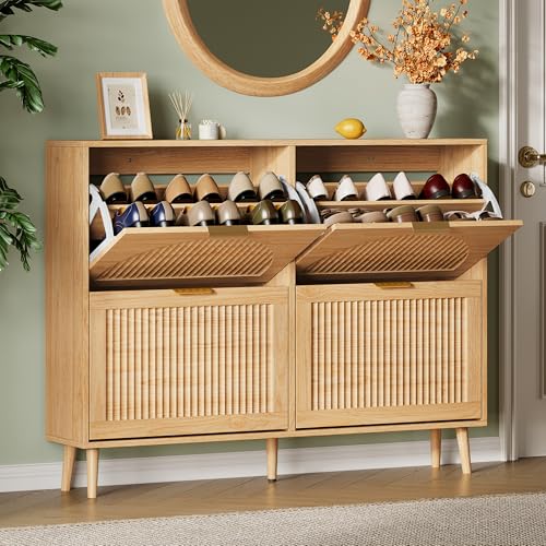 Xixini Shoe Storage Cabinet with 4 Flip Drawers, 36" Tall Narrow Wood Fluted Shoe Organizer for Entryway, Freestanding Wooden Hidden Slim Shoe Rack for Front Door Entrance, Hallway, Foyer, Natural Oak - color: Natural Oak, size: 4 Flip Drawers