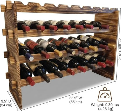 32-Bottle 4-Tier Stackable Wine Rack – Freestanding Carbonized Pine Organizer for Home Bar, Kitchen, Countertop, Modular DIY Design - size: 32 Bottle