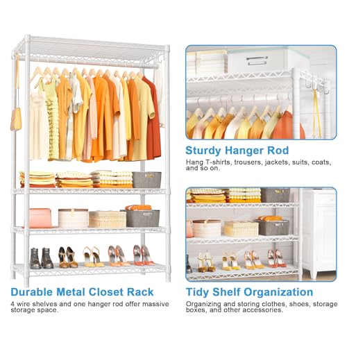H4 Plus Garment Rack, 4-Tier Portable Clothes and Clothing Rack for Bedroom and Cloakroom, Closet Storage and Organizer Wardrobe System, 45" W x 14" D x 76.4" H, Load 522lbs, White | Heavy-Duty Metal Clothing Storage and Organizer Wardrobe System for Cloa