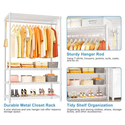 H4 Plus Garment Rack, 4-Tier Portable Clothes and Clothing Rack for Bedroom and Cloakroom, Closet Storage and Organizer Wardrobe System, 45" W x 14" D x 76.4" H, Load 522lbs, White | Heavy-Duty Metal Clothing Storage and Organizer Wardrobe System for Cloa