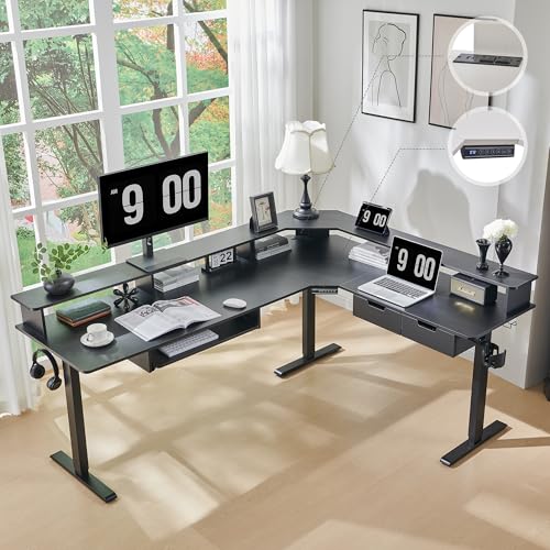 RedLemon 75x60 Inches L Shaped Electric Standing Desk, Carbon Fiber Black | Height Adjustable Corner Gaming Desk with Drawer, Keyboard Tray, Power Outlets & LED Lights, Computer Desk w/ Monitor Shelf - color: Carbon Fiber Black, size: 75"X60"