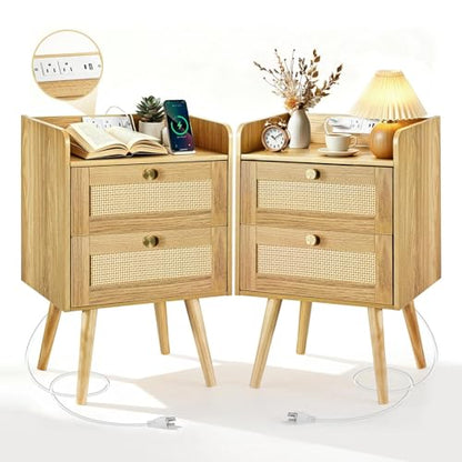 Rattan Nightstands Set of 2, Boho Bedside Table with 2 Drawers | Rattan Nightstand with Charging Station, Open Storage End Tables for Bedroom, Small Spaces and Dorm, Solid Wood Legs, Natural - color: Natural Wood