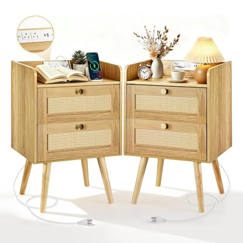Rattan Nightstands Set of 2, Boho Bedside Table with 2 Drawers | Rattan Nightstand with Charging Station, Open Storage End Tables for Bedroom, Small Spaces and Dorm, Solid Wood Legs, Natural - color: Natural Wood