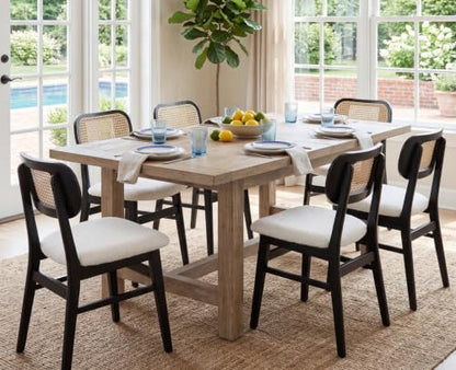EALSON Rattan Dining Chairs Set of 6 Cane Back Farmhouse Dining Room Chairs Mid Century Kitchen Chair with Black Wood Frame Sherpa Upholstered Side Chair for Kitchen Restaurant, Beige - color: Sherpa Beige-black Wood Frame, size: 6PCS