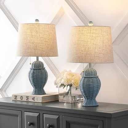 JONATHAN Y 20.5" Wicker Table Lamp, Blue with Beige Shade, Set of 2 | Margie Bohemian Rustic Farmhouse Coastal Urn Rattan Metal, Pull Chain Switch, Linen, LED Bulbs Included - color: Blue