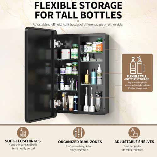 20x26 Black Medicine Cabinet with Mirror, Recessed & Surface Mount | Bathroom mirror with storage: 6 adjustable shelves fit tall bottles; DTC soft-close hinges; rust-resistant aluminum - size: 20" x 26"