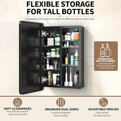 24x32 Black Medicine Cabinet with Mirror, Recessed & Surface Mount | Bathroom mirror with storage: 6 adjustable shelves fit tall bottles; DTC soft-close hinges; rust-resistant aluminum - size: 24" x 32"