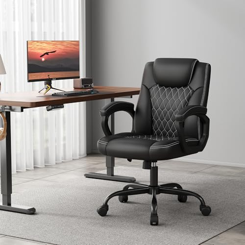 Misolant Office Chair, Executive Desk Chair, PU Leather Comfortable Executive Chairs with Fixed Armrest, Adjustable Height, Rocking Function, 360° Swivel Wheels, Black - color: Black