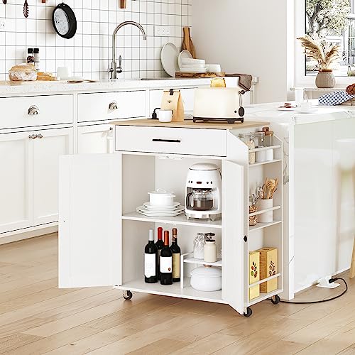 HOOBRO Kitchen Island with Power Outlet, Kitchen Storage Island with Spice Rack and Drawer, Rolling Kitchen on Wheels, for Home, Dining Room, Natural and White WN82UZD01G1 - color: Natural + White