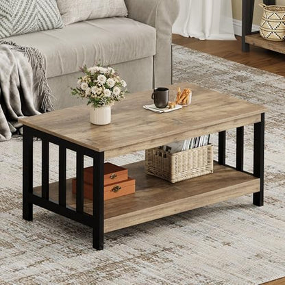 ChooChoo Farmhouse Coffee Table, Living Room Table with Shelf, 40 Rustic Oak & Black - color: Rustic Oak & Black, size: 22"D x 39.9"W x 18.1"H
