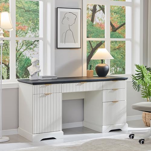 Modern Executive Desk with Storage, Wood Home Office Desk with 5 Drawers & 1 Cabinet, Fluted Computer Writing Desk for Study, Living Room, Bedroom - color: Antique White, size: 22"D x 58"W x 30H"