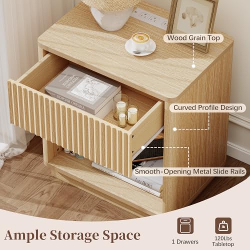 Baoz Oak Fluted Nightstand with Charging Station & 1 Drawers for Bedroom | 19" Wide Mid Century Modern Bedside Table Natural Wood Curved Profile Design Night Stand Metal Handle - color: Oak, size: 1 Drawers