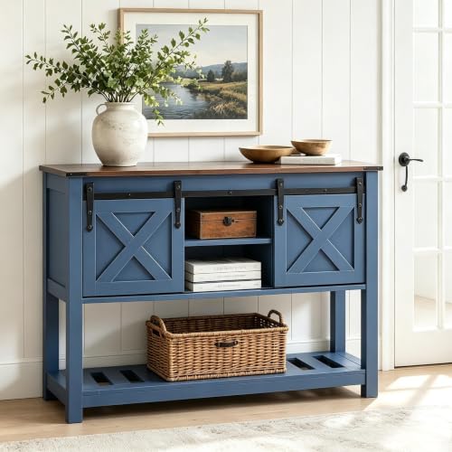 Farmhouse Entryway Table with Sliding Barn Doors, Wood Console Table with Storage Shelf, Rustic Sofa Table for Living Room, Entryway, Foyer, Blue - color: Blue