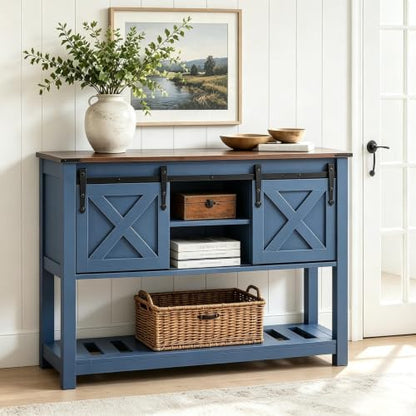 Farmhouse Entryway Table with Sliding Barn Doors, Wood Console Table with Storage Shelf, Rustic Sofa Table for Living Room, Entryway, Foyer, Blue - color: Blue
