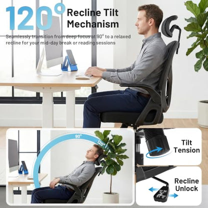 Office Chair Ergonomic Desk Chair with Adjustable Headrest Lumbar Support, High Back Breathable Mesh Chair with 120° Tilt & Flip-Up Armrests, Swivel Comfy Task Computer Chair for Work, Study - color: Black