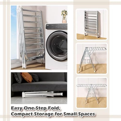 Stainless Steel Foldable Clothes Drying Rack with Adjustable Wings, Windproof Holes & Wheels | Heavy Duty 132 lb Load Capacity | Space-Saving Laundry Rack for Indoor & Outdoor Use