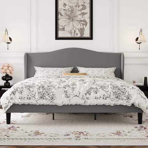 SHA CERLIN King Size Bed Frame with Curved Wingback Headboard, Soft Grey | Modern Luxury Design Velvet Platform Bed with Sturdy Wooden Slats,Noise-Free, No Box Spring Needed, Easy Assembly - color: Soft Grey, size: King