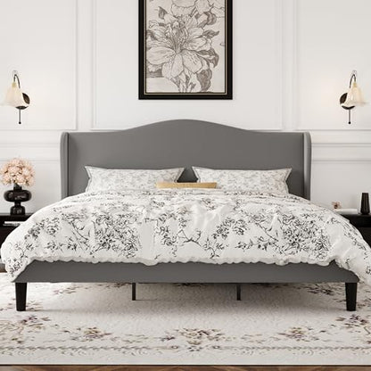SHA CERLIN King Size Bed Frame with Curved Wingback Headboard, Soft Grey | Modern Luxury Design Velvet Platform Bed with Sturdy Wooden Slats,Noise-Free, No Box Spring Needed, Easy Assembly - color: Soft Grey, size: King