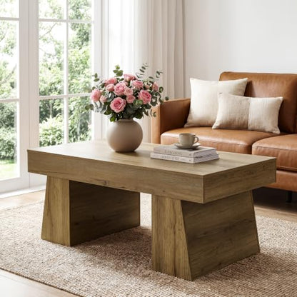 Farmhouse Coffee Table, 47" Retro Brown Wooden Accent Center Table | Modern Low Cocktail Tea Furniture for Living Room, Rustic Brown Finish, Scratch & Water Resistant MDF, Easy Assembly