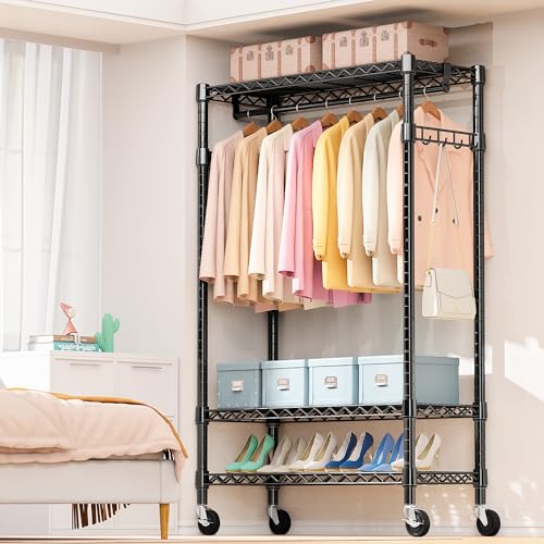 M MZG Heavy Duty Rolling Garment Rack 3 Tiers Adjustable Wire Shelving Clothes Rack with Rods and Side Hooks,Storage Closet Clothing Rack with Wheels Black 17.7" D x 47.2" W x 83.6" H - color: Black, size: 3 Tier with 1 rod, 17.7"D x 47.2"W x 83.6"H