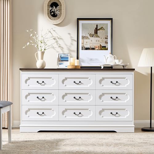 9 Drawer Dresser for Bedroom White Bedroom Dresser 59" Wide Wooden Cabinet | Farmhouse Wood Chest of Drawers , Modern Rustic Drawers Dressers Wooden Closet and Storage Cabinet, Hallway, Living Room - color: White, size: 15.7"D x 59"W x 32.8"H (9 Drawers)
