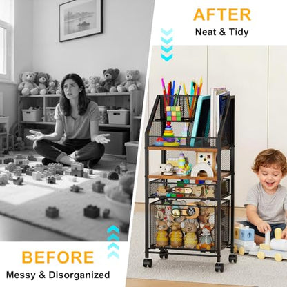Rolling Cart with Drawers Metal Moving Craft Storage Cart with Lockable Wheels Wood&Mesh Rolling Utility Organizer Filing Cabinets for Home Office Classroom Organization(31 * 15 * 10 Inch)