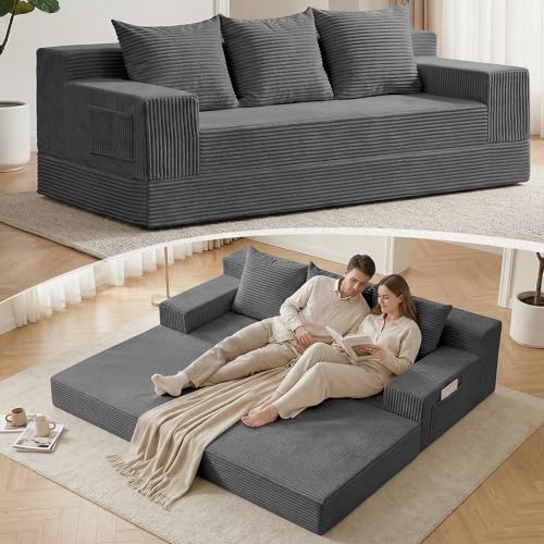 78.5” Convertible Sofa Bed,Corduroy 3 Seater Boneless Couch Bed Futon,Fold Out Couch with 3 Pillows,Loveseat Sleeper with Pull Out Bed for Living Room, Guest,Bedroom,Grey - color: Grey, size: 78.5inch