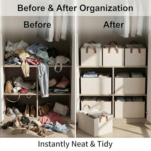3 Pack Storage Bins Fabric Collapsible Organizers with Handles Sturdy Canvas with PP Board Beige Foldable Storage Box for Closet Shelves, Books, Toys, Clothes, Office Organization