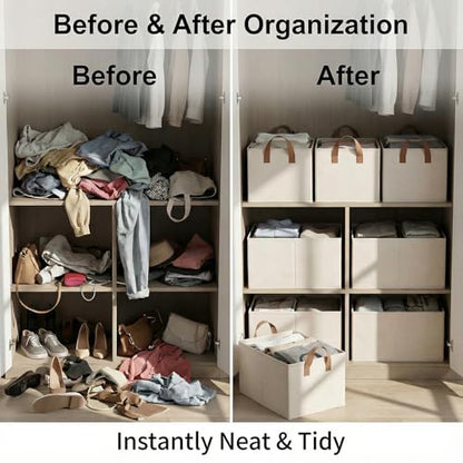 3 Pack Storage Bins Fabric Collapsible Organizers with Handles Sturdy Canvas with PP Board Beige Foldable Storage Box for Closet Shelves, Books, Toys, Clothes, Office Organization