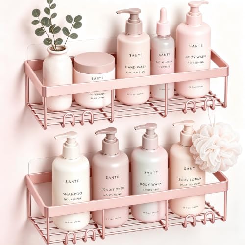 Moforoco Shower Caddy Shelf Organizer Rack, Self Adhesive Black Bathroom Shelves Basket, Home Farmhouse Wall Inside Organization and Storage Decor Rv Accessories, First Camper Apartment Essentials - color: Pink, size: Medium