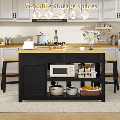 Kitchen Island with Storage and Seating Include 2 Bar Stools, Drawers,Black | 47" Solid Rubberwood Top Kitchen Island with Trash Can Storage, Power Outlet, 6 Hooks, Coffee Bar Cabinet, Dining Table for 2 - color: Black