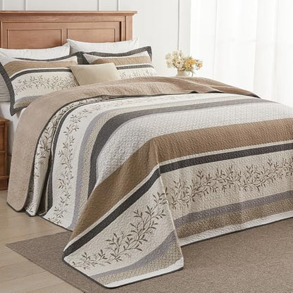 Oversized King Bedspreads 128x120, Reversible XL Bed Spread | 100% Cotton Extra Large Quilt Comforter, Farmhouse Botanical Pattern, Lightweight Bedding Set with 2 Shams, Khaki/Beige - color: Khaki/Beige/Gray, size: Oversized King Plus(128"x120")