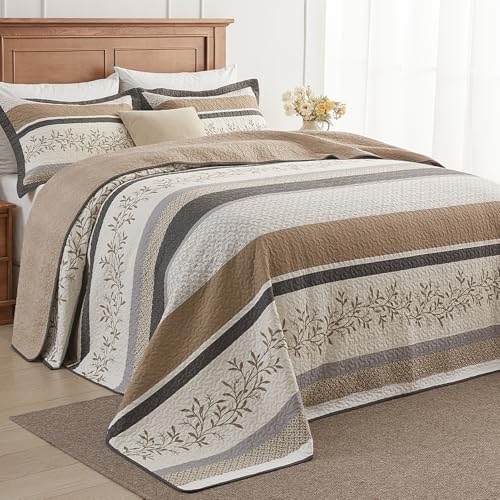 Oversized King Bedspreads 120x120, Reversible XL Bed Spread | 100% Cotton Extra Large Quilt Comforter, Farmhouse Botanical Pattern, Lightweight Bedding Set with 2 Shams, Khaki/Beige - color: Khaki/Beige/Gray, size: Oversized King(120"x120")