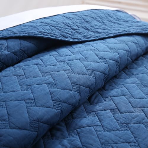 Wistown Cotton Queen Bedspread Quilt Bedding Set, Navy Blue | 3 Pieces Reversible Lightweight Soft Coverlets Comforters, All Seasons, Weave Stitching Pattern - color: Navy Blue Weave Pattern, size: Queen (90 by 98inch)