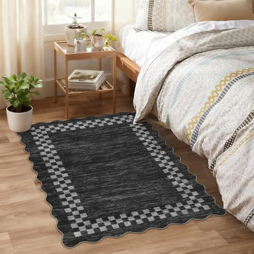 GarveeHome Small Area Rug 2x3 Washable Solid Color Scalloped Kitchen Rugs | Modern Checkered Entry Rug Bedroom Doormat Non Slip Stain Resistant Bordered Throw Carpet for Living Room Nursery, Grey - color: Scalloped Dark Grey, size: 2' x 3' (Rectangular)