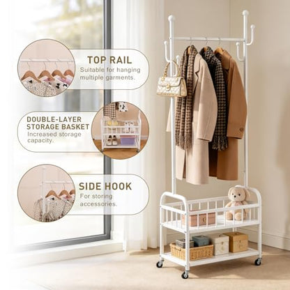 Free Standing Rolling Clothes Rack with Wheels Shoe Storage - White | Small Narrow Cloth Hanger Garment Rack for Bedroom Livingroom Lab Dress Shirt Rack with Metal Basket and Shoe Storage Shelves - color: White-2 Tier