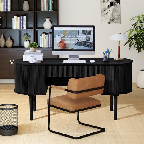 Home Office Oval Desk with Sliding Tambour Door and Drawer, Modern Fluted Wood Executive Computer Storage Desk for Study, Living Room, Bedroom, Office - Black - color: Black